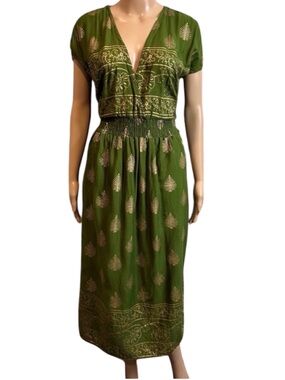 Backwoods Metallic Gold Green Indian Made Boho Dress With Pockets